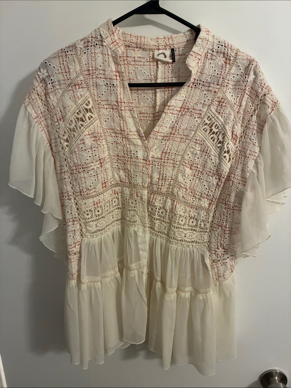 Akemi + Kin Cream Eyelet Lace Blouse with Pink Threading